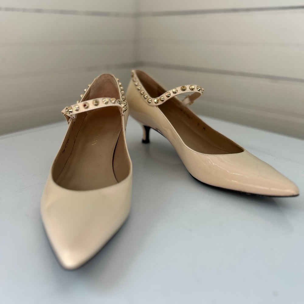 Stuart Weitzman Nude Patent Studded Mary Jane Kitten Heels